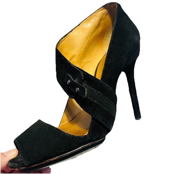L.A.M.B. Gwen Stefani Black Suede Leather Peep Toe Strap High Stiletto Heels 7 - Picture 1 of 9